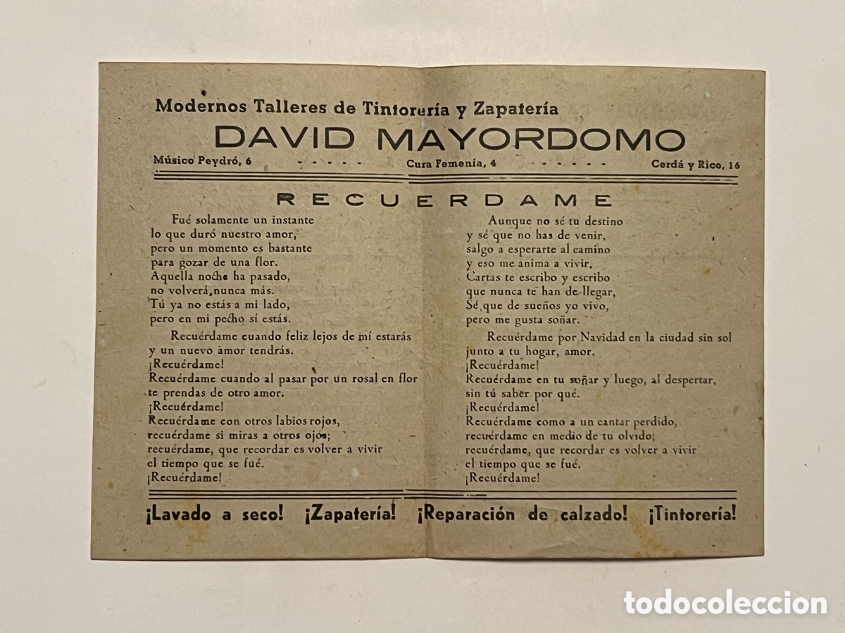 Cat&aacute;logos de M&uacute;sica: RECUERDAME.. Canci&oacute;n popular. Hojilla musical. Publicidad Valencia David Mayordomo (h.1940?)