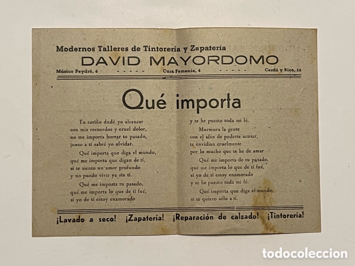 Cat&aacute;logos de M&uacute;sica: QUE IMPORTA.. Canci&oacute;n popular. Hojilla musical. Publicidad Valencia David Mayordomo (h.1940?)
