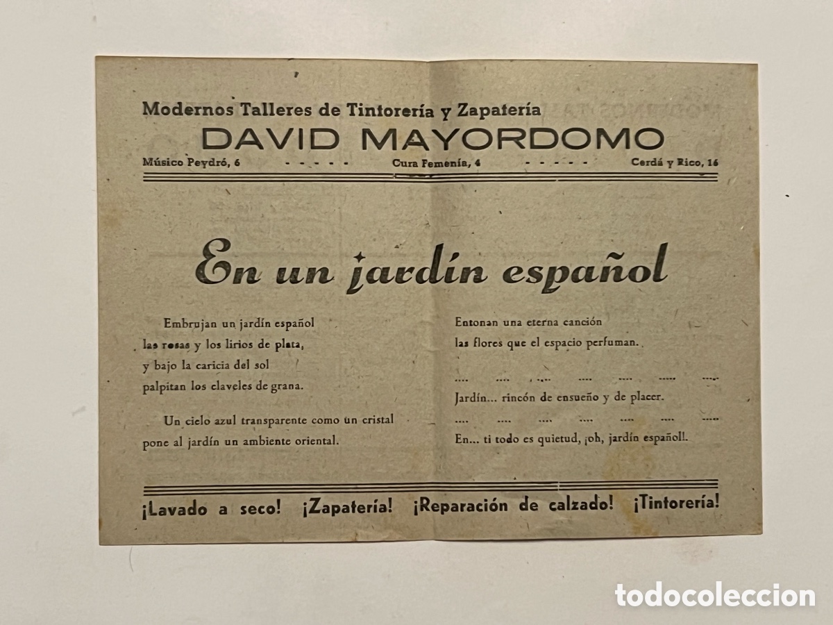 Cat&aacute;logos de M&uacute;sica: EN UN JARD&Iacute;N ESPA&Ntilde;OL Canci&oacute;n popular Hojilla musical. Publicidad Valencia David Mayordomo (h.1940?)