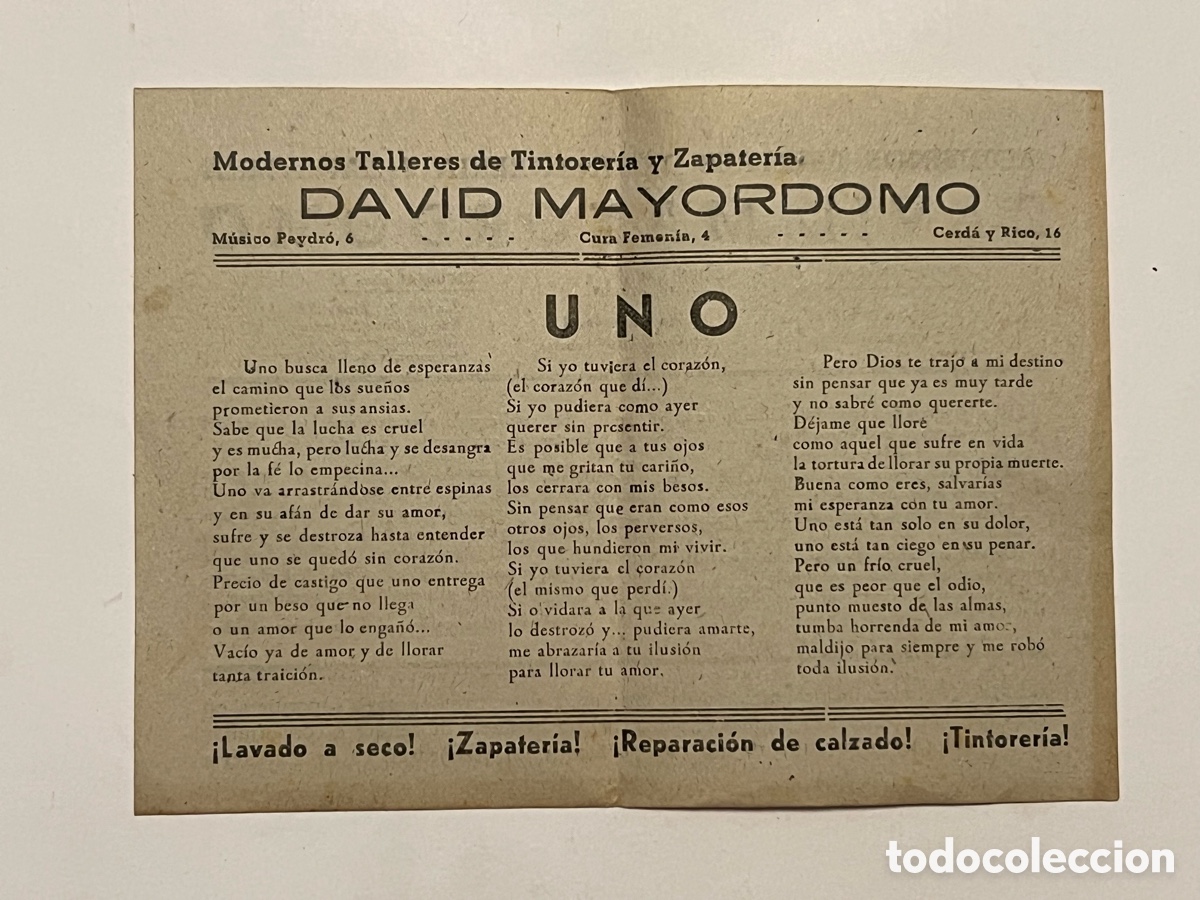 Cat&aacute;logos de M&uacute;sica: UNO.. Canci&oacute;n popular. Hojilla musical. Publicidad Valencia David Mayordomo (h.1940?)