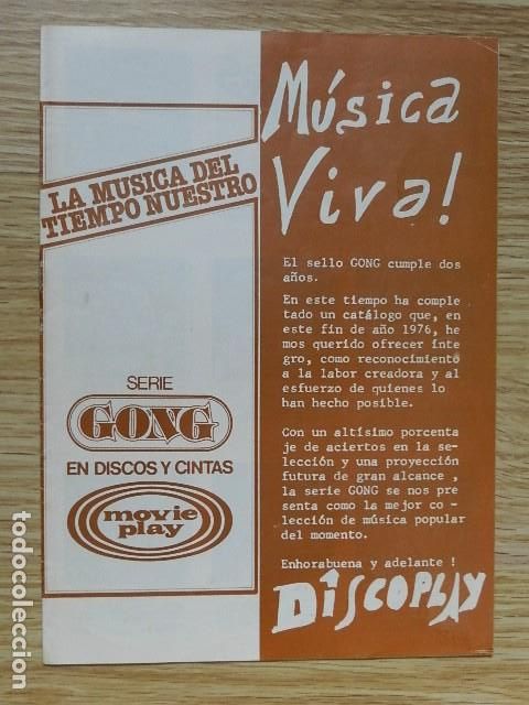 Cat&aacute;logos de M&uacute;sica: M&uacute;sica viva! DISCOPLAY serie GONG en discos y cintas MOVIE PLAY a&ntilde;os 70