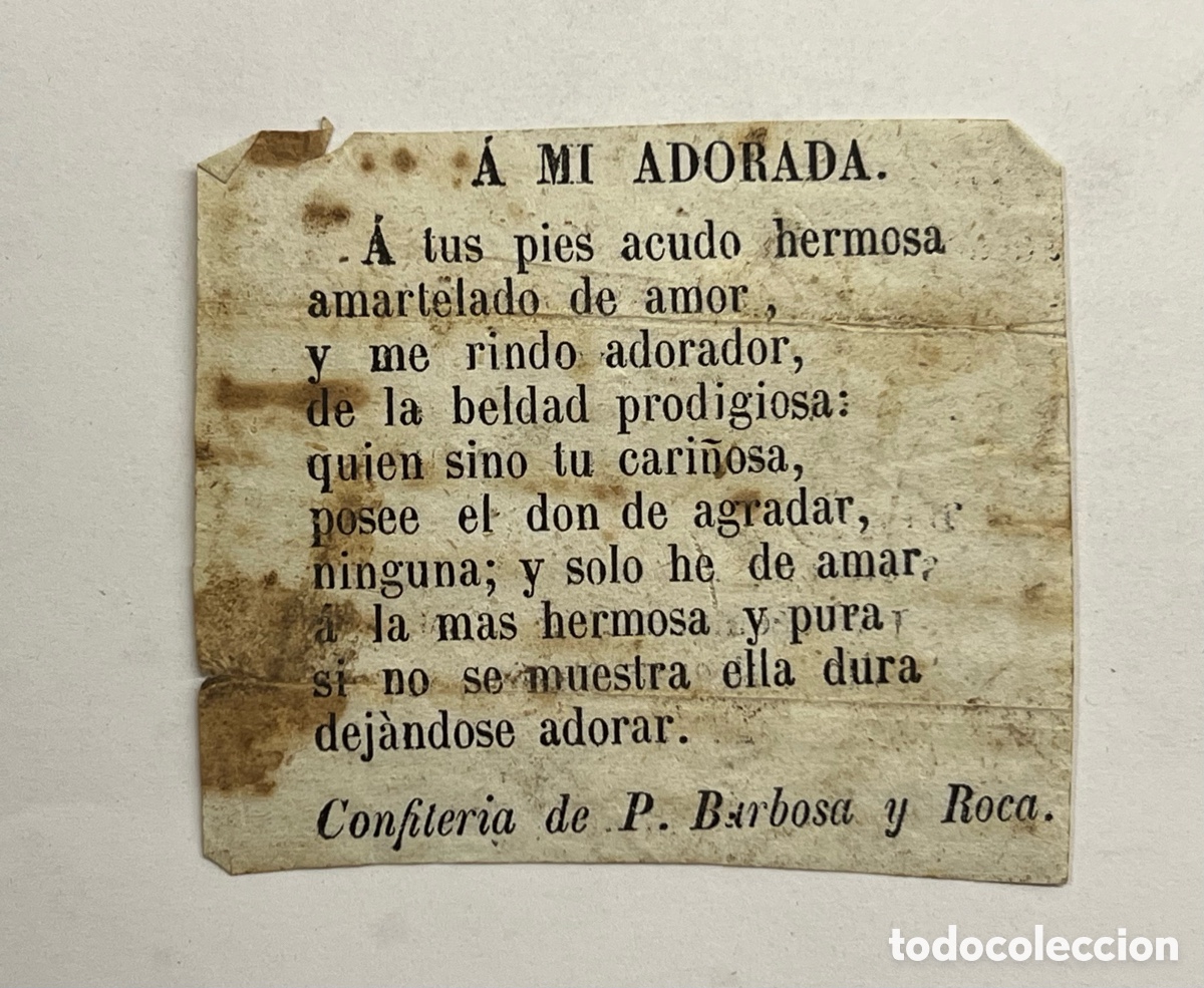 Cat&aacute;logos de m&uacute;sica: A MI ADORADA. Coplilla Musical. Publicidad Confiter&iacute;a de P. Barbosa y Roca, Valencia (fin Siglo XIX)