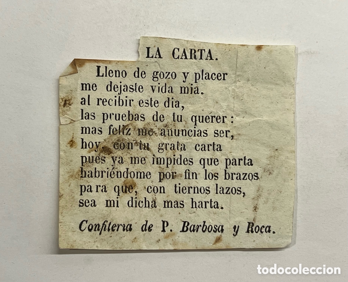 Cat&aacute;logos de m&uacute;sica: LA CARTA. Coplilla Musical. Publicidad Confiter&iacute;a de P. Barbosa y Roca, Valencia (fin Siglo XIX)