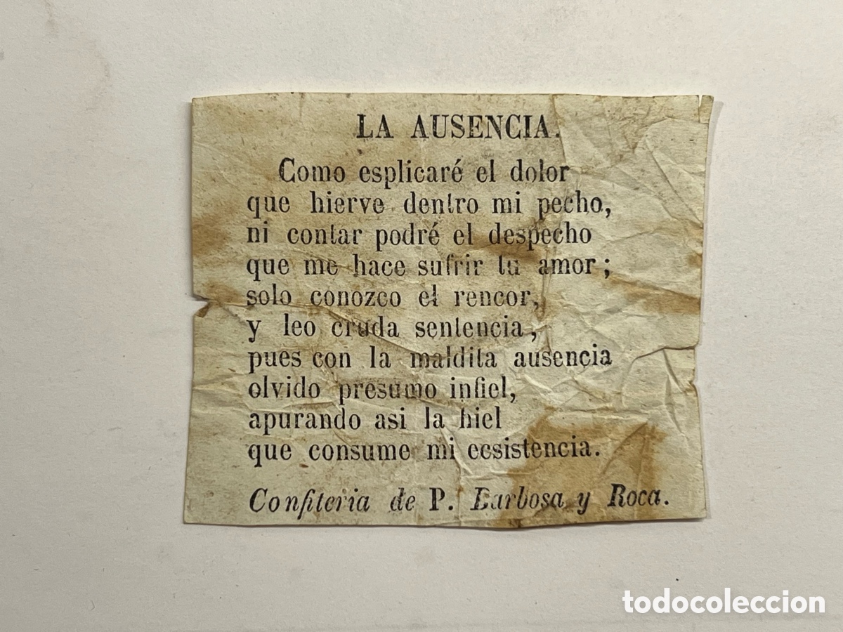 Cat&aacute;logos de m&uacute;sica: LA AUSENCIA. Coplilla Musical. Publicidad Confiter&iacute;a de P. Barbosa y Roca,Valencia (fin Siglo XIX)