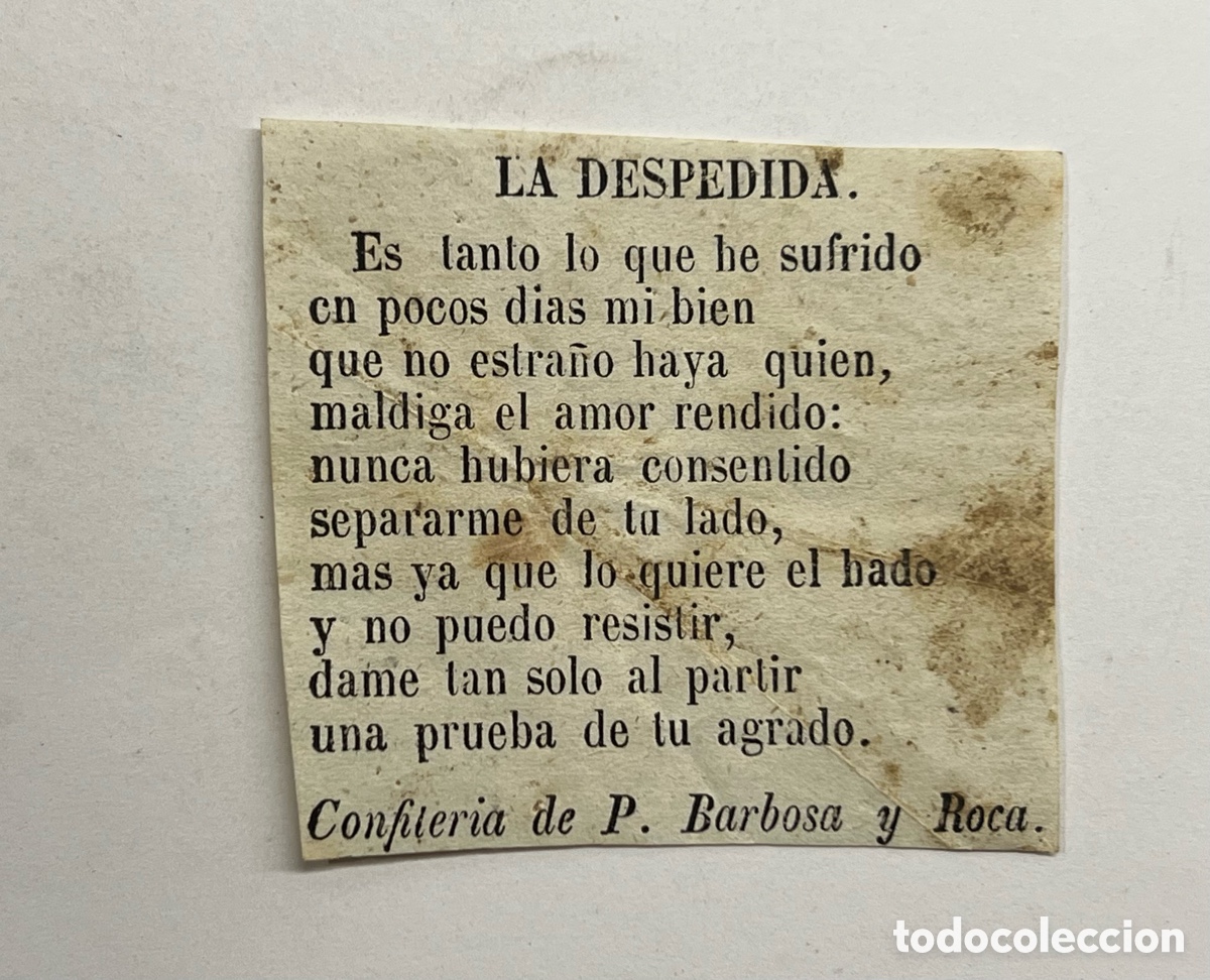 Cat&aacute;logos de m&uacute;sica: LA DESPEDIDA. Coplilla Musical. Publicidad Confiter&iacute;a de P. Barbosa y Roca,Valencia (fin Siglo XIX)