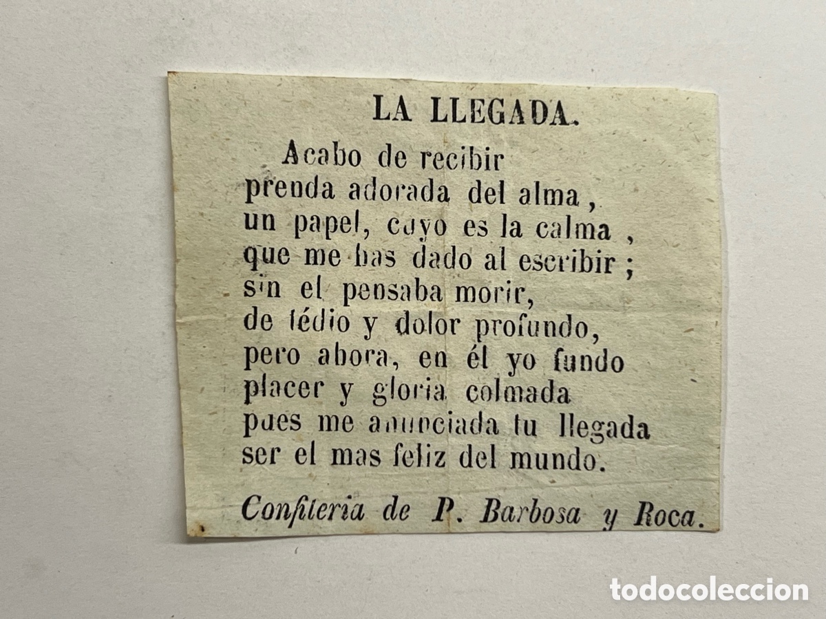 Cat&aacute;logos de m&uacute;sica: LA LLEGADA. Coplilla Musical. Publicidad Confiter&iacute;a de P. Barbosa y Roca,Valencia (fin Siglo XIX)