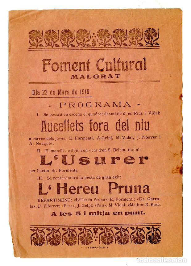 Cat&aacute;logos de m&uacute;sica: Programa de M&uacute;sica / Foment Cultural Malgrat 1919 / L'Usurer - Malgrat