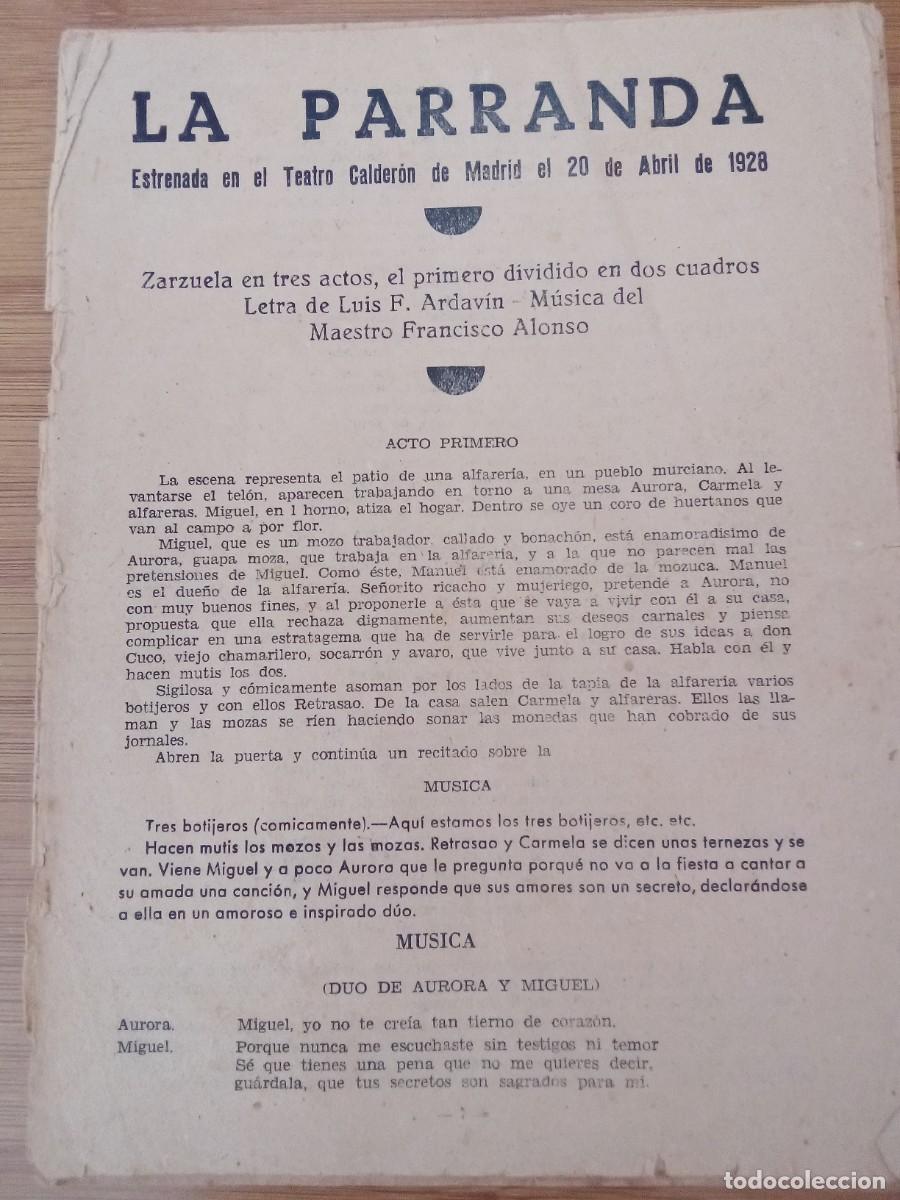 Cataloghi di Musica: Folleto Libreto Antiguo Zarzuela La Parranda (1928) Maestro Alonso