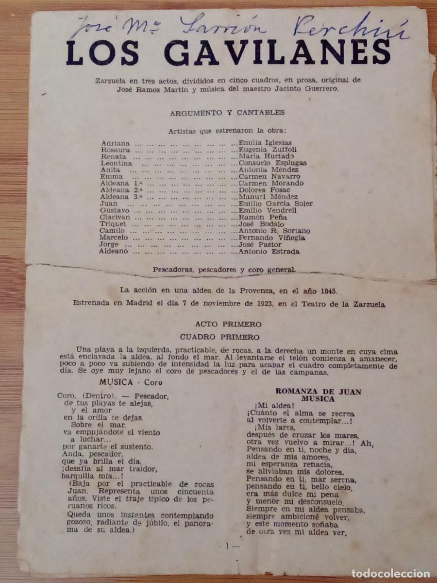 Cat&aacute;logos de m&uacute;sica: Folleto Libreto Antiguo Zarzuela Los Gavilanes (1923) J. Guerrero