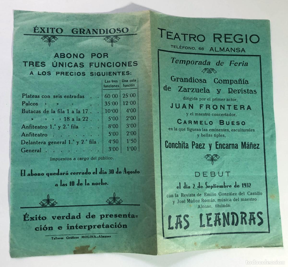Cat&aacute;logos de m&uacute;sica: ALMANSA ( ALBACETE ) 1932 / PROGRAMA ZARZUELA - LAS LEANDRAS
