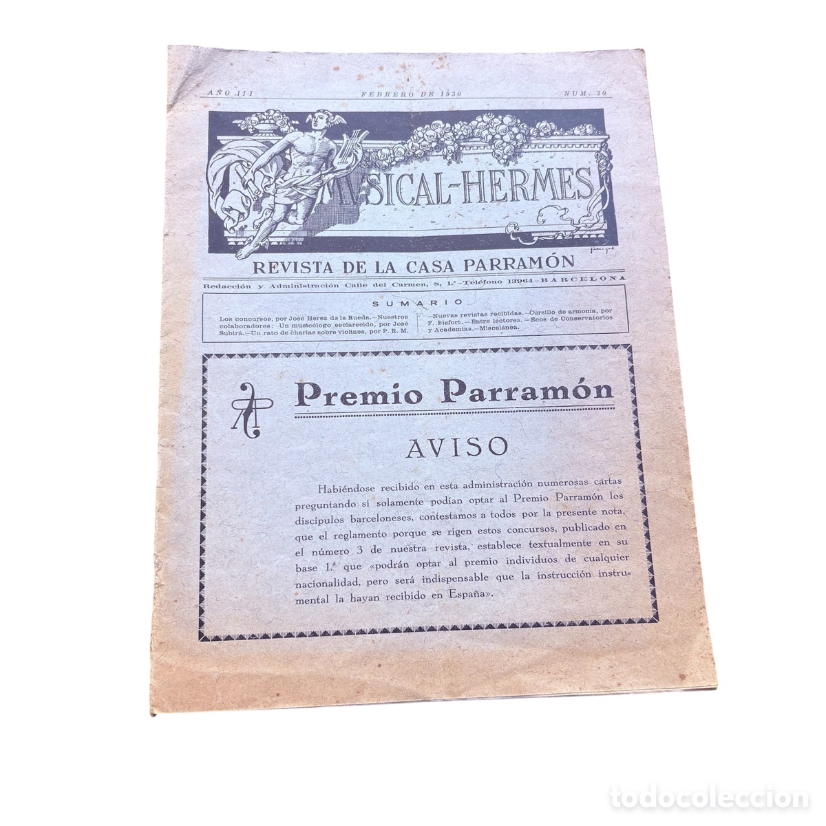 Cat&aacute;logos de m&uacute;sica: Revista de la casa parram&oacute;n musical Hermes n&ordm; 20 de 1930