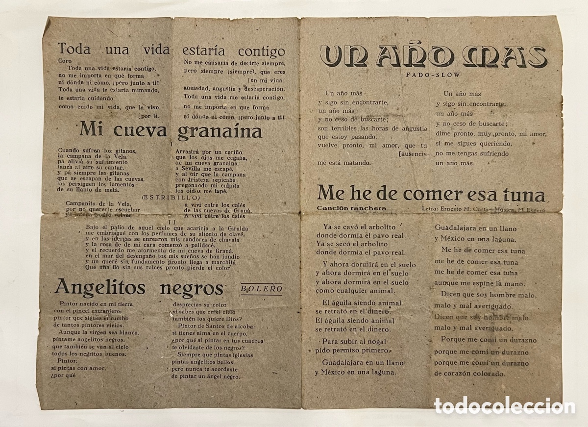 Cat&aacute;logos de m&uacute;sica: Hojilla Musical. Mi Gitana, Portugal, La Burra. Presiento. E. Cortazar, Machin, hoja doble (h.1945?)