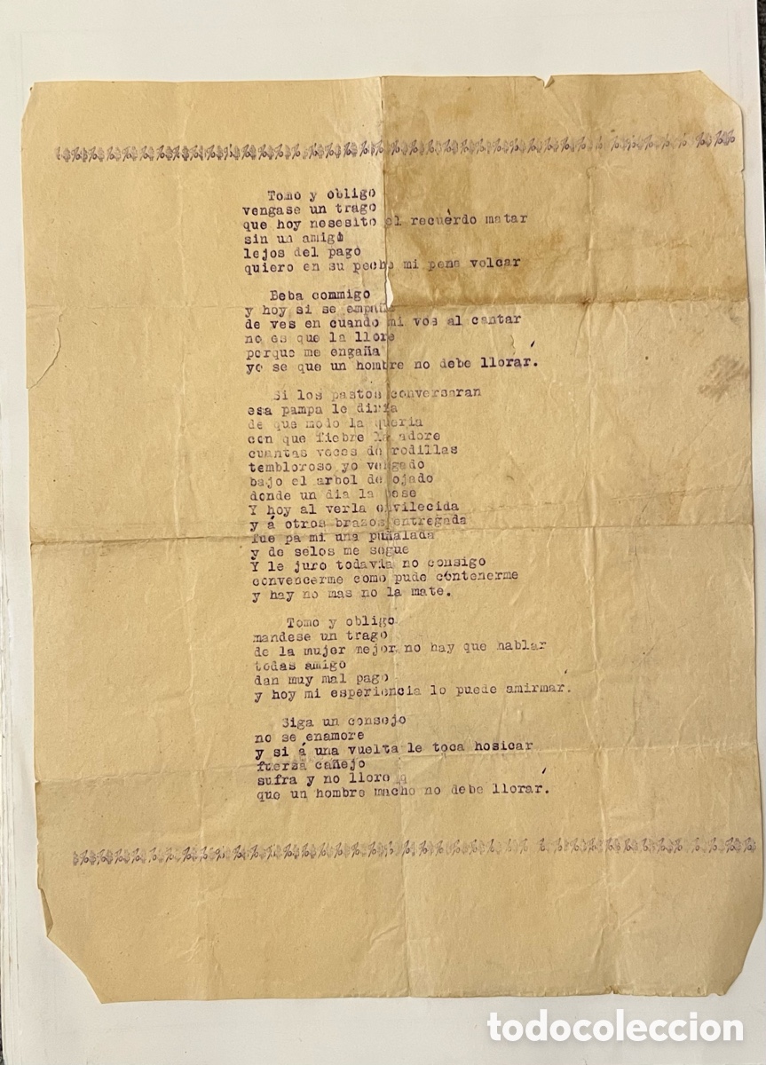 Cat&aacute;logos de m&uacute;sica: Hojilla Musical. Tomo y obligo.. Carlos Gardel..(a.1931?) Mecanograf&iacute;ado