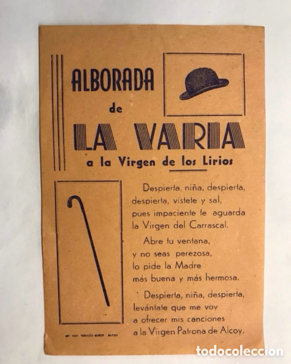 Cat&aacute;logos de m&uacute;sica: HOJILLA MUSICAL.. ALCOY (Alicante) Hoja suelta. ALBORADA, de La Var&iacute;a. A la Virgen de los Lirios