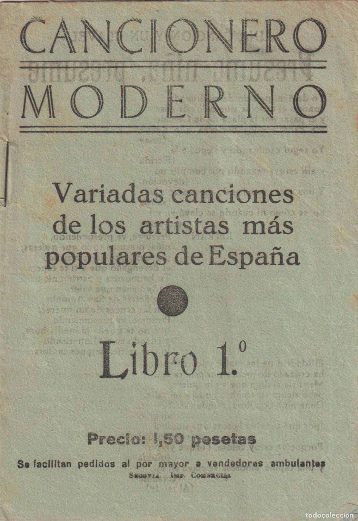 Cat&aacute;logos de m&uacute;sica: CANCIONERO MODERNO - VARIADAS CANCIONES DE LOS ARTISTAS M&Aacute;S POPULARES DE ESPA&Ntilde;A - LIBRO 1&ordm;