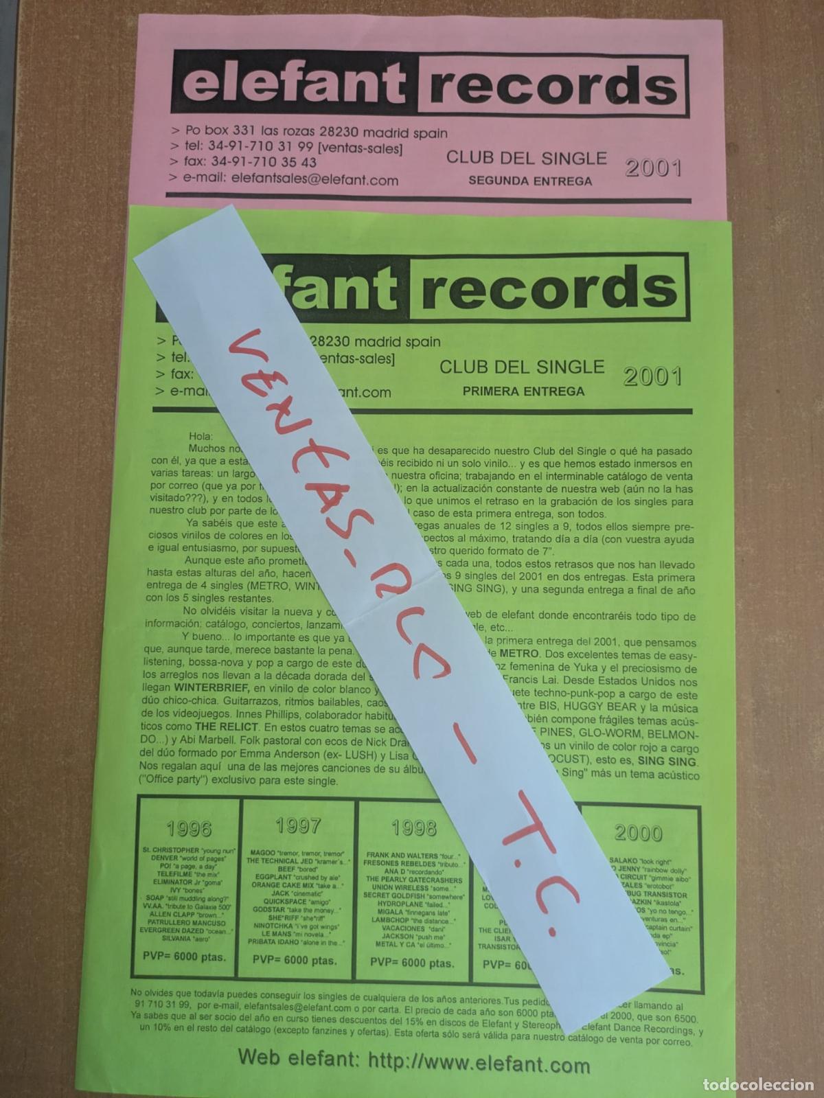 Cat&aacute;logos de m&uacute;sica: Circulares Club del Single Elefant. A&ntilde;o 2001. Metro, Winterbrief, The Relict, Sing Sing, Cranes, etc