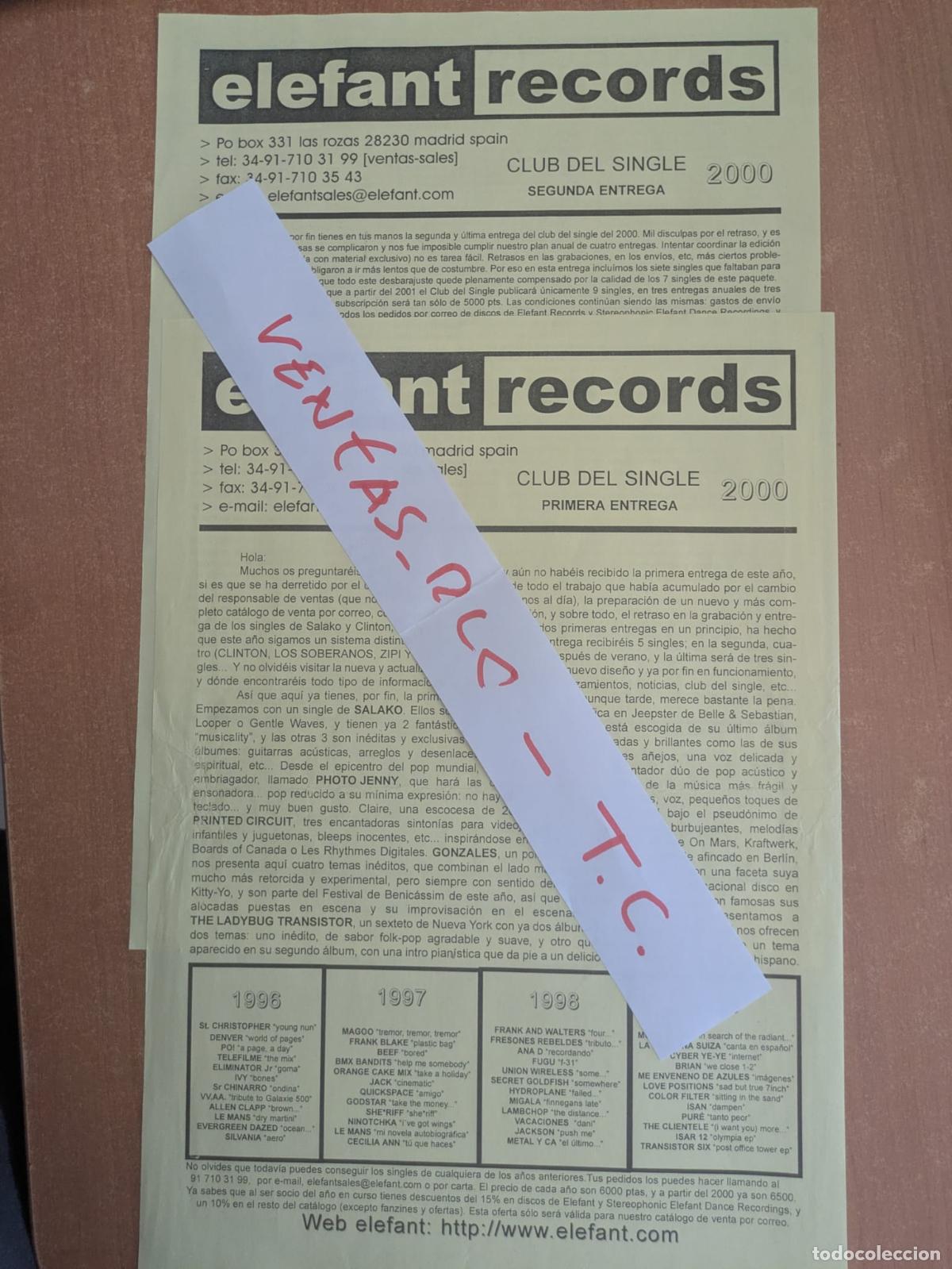 Cat&aacute;logos de m&uacute;sica: Circulares Club del Single Elefant. A&ntilde;o 2000. Salako, Photo Jenny, Printed Circuit, Gonzales, etc