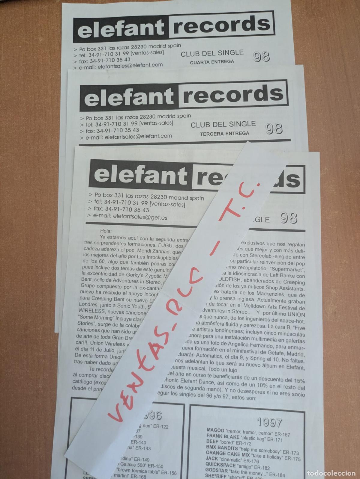 Cat&aacute;logos de m&uacute;sica: Circulares Club del Single Elefant. A&ntilde;o 1998. Fugu, The secret goldfish, Union Wireless, Migala, etc