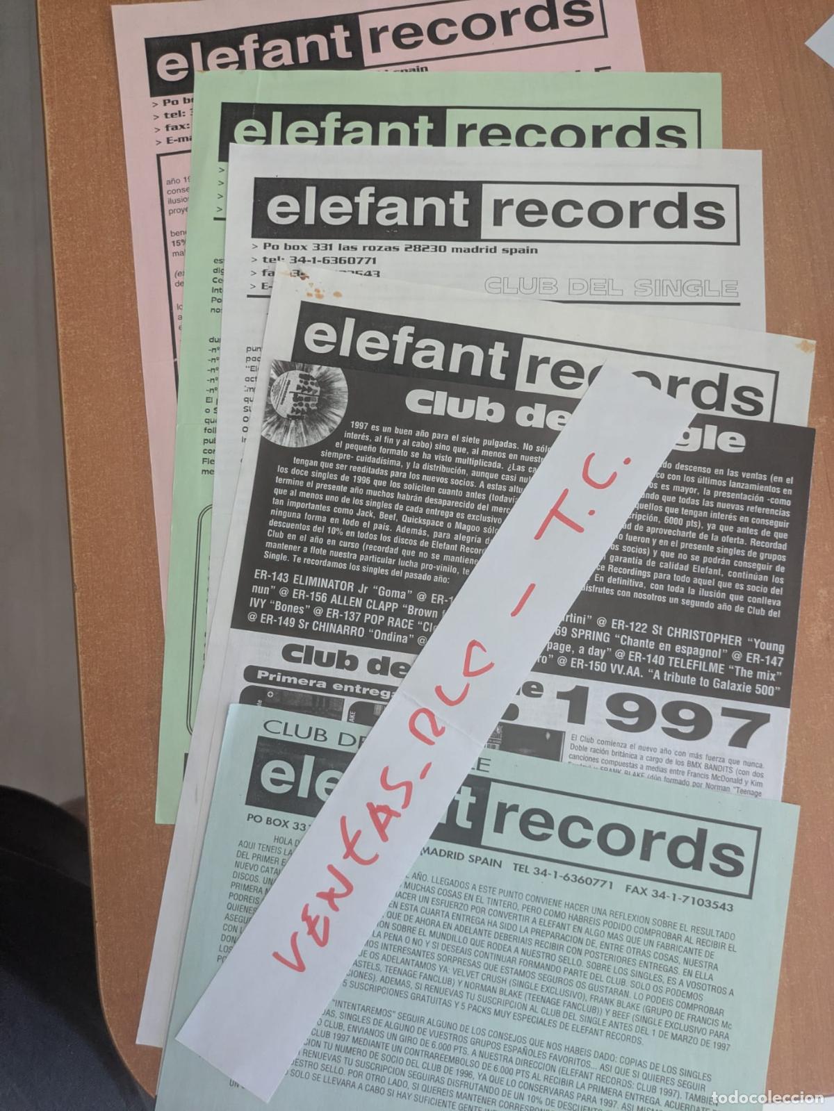 Cat&aacute;logos de m&uacute;sica: Circulares Club del Single Elefant. A&ntilde;o 1997. Beef, Frank Blake, Bmx Bandits, Ninotchka, Godstar,etc