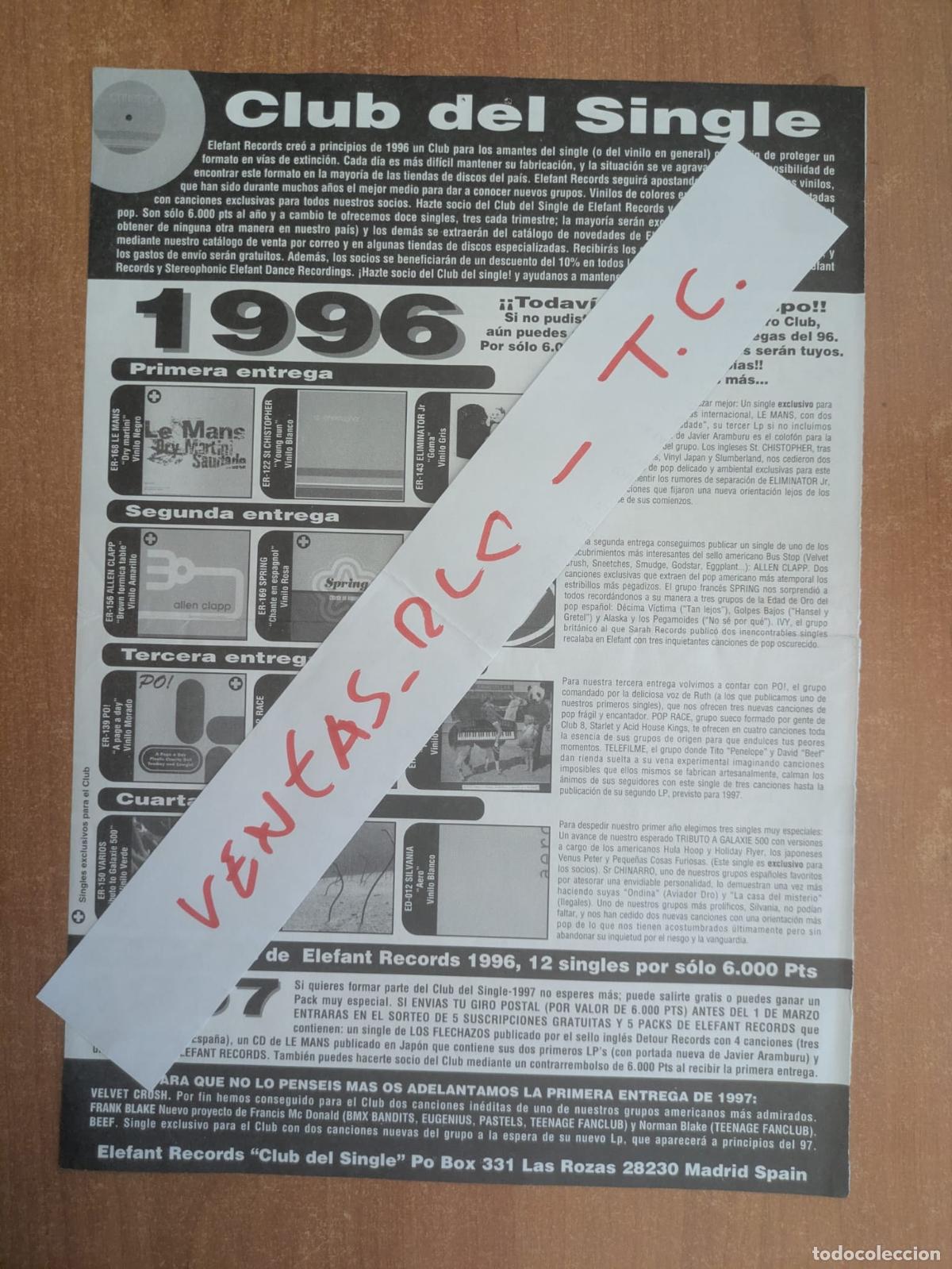Cat&aacute;logos de m&uacute;sica: Circulares Club del Single Elefant. A&ntilde;o 1996. Lemans, Eliminator Jr, Spring, Ivy, Telefilme,etc
