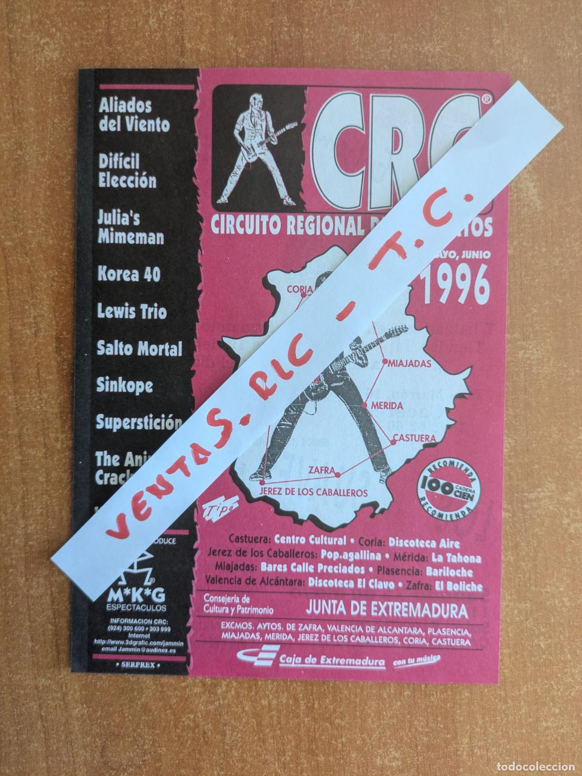 Cat&aacute;logos de m&uacute;sica: Cartel Circuito Regional De Conciertos 1996. Extremadura. Los Suaves. Sinkope. Vanagloria. Korea 40.