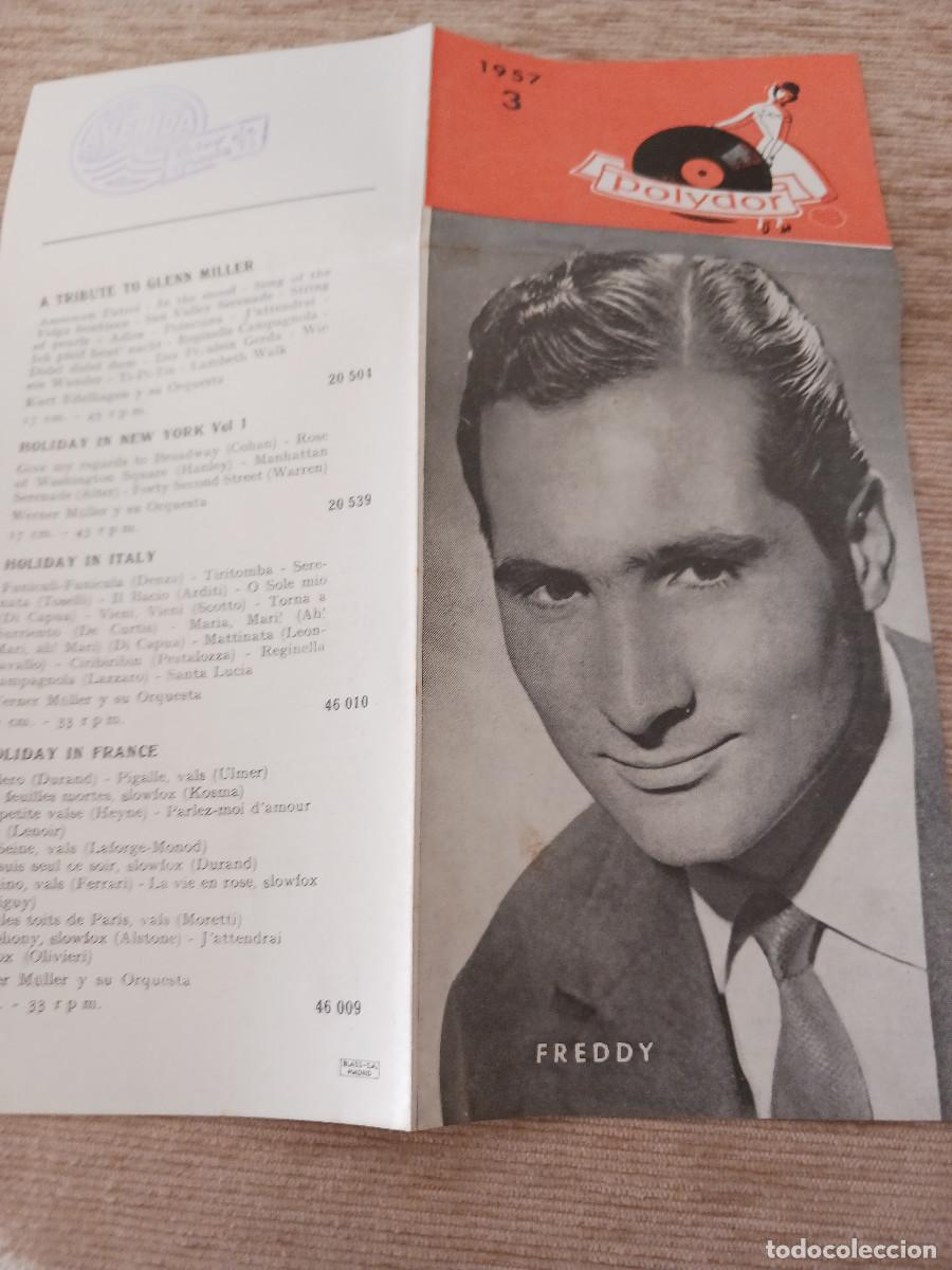 Cat&aacute;logos de m&uacute;sica: diptico discos polydor, 1957, n&ordm; 3, imagen de freddy, radio avenida
