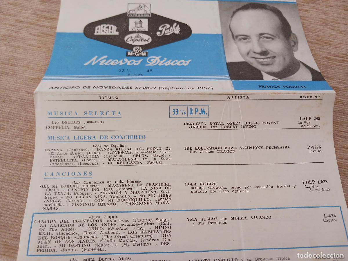 Cat&aacute;logos de m&uacute;sica: desplegable nuevos discos 1957, imagen franck pourcel