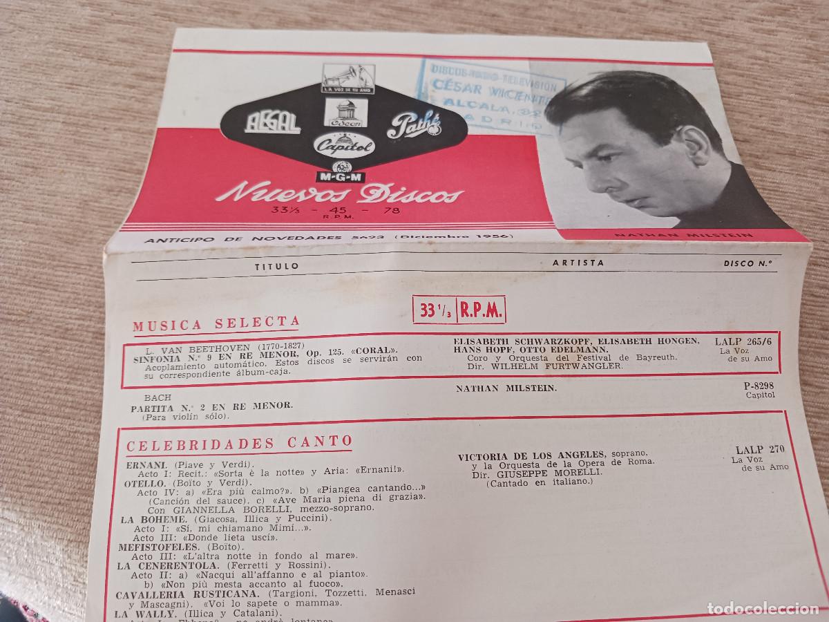 Cat&aacute;logos de m&uacute;sica: desplegable de novedades discograficas diciembre 1956, imagen de nathan milstein y linda vera