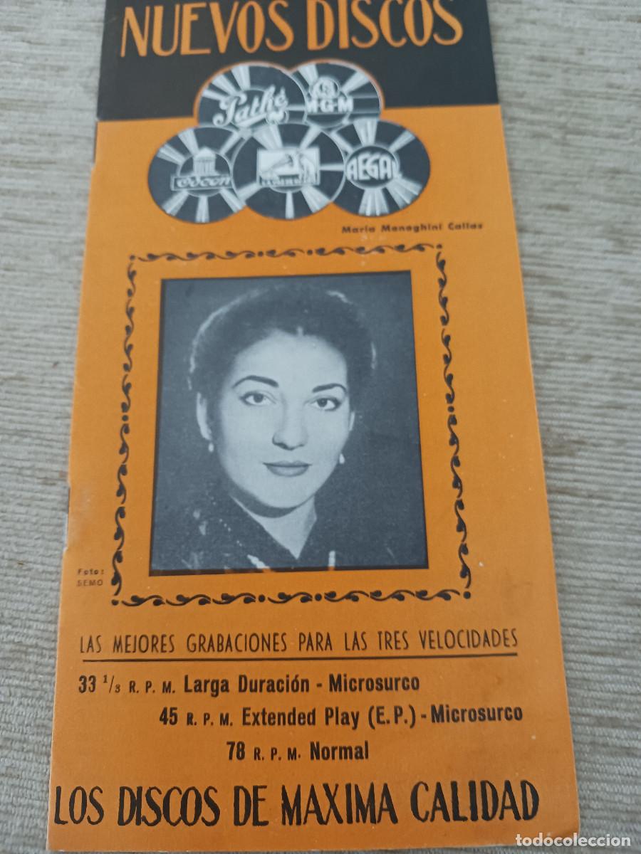 Cat&aacute;logos de m&uacute;sica: suplemento para los nuevos discos, imagen de maria callas, precios incluidos, radio comella