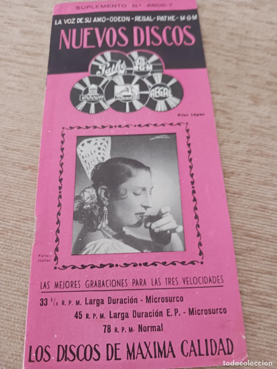 Cat&aacute;logos de m&uacute;sica: suplemento para los nuevos discos, 1955, imagen de pilar lopez, radio comella torello