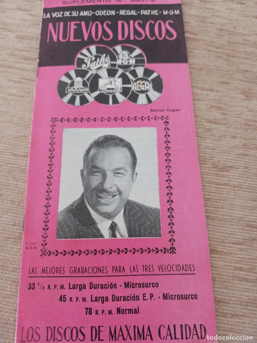 Cat&aacute;logos de m&uacute;sica: suplemento para los nuevos discos, 1954, imagen de xavier cugat, radio comella torello
