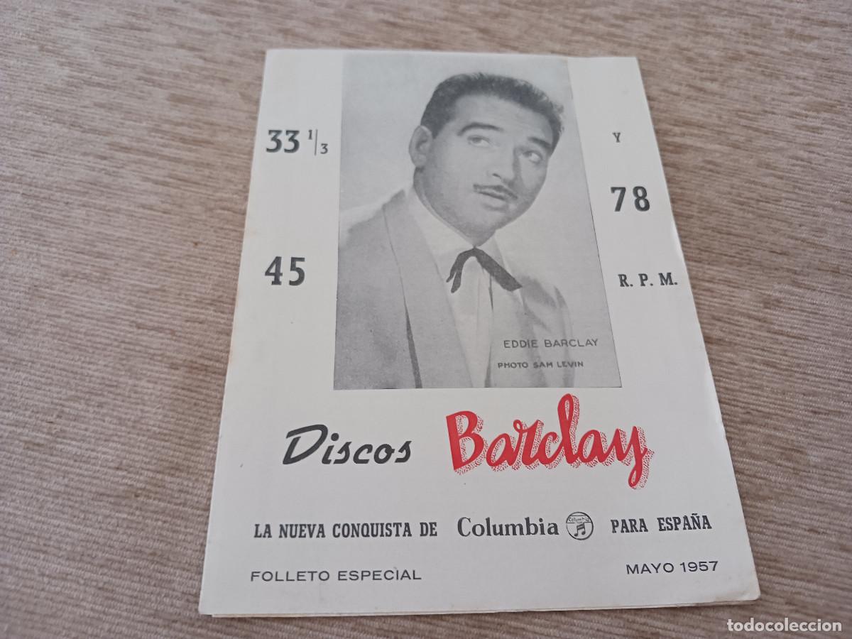 Cat&aacute;logos de m&uacute;sica: triptico nuevos discos, mayo 1957, eddie barclay, columbia, radio comella torello