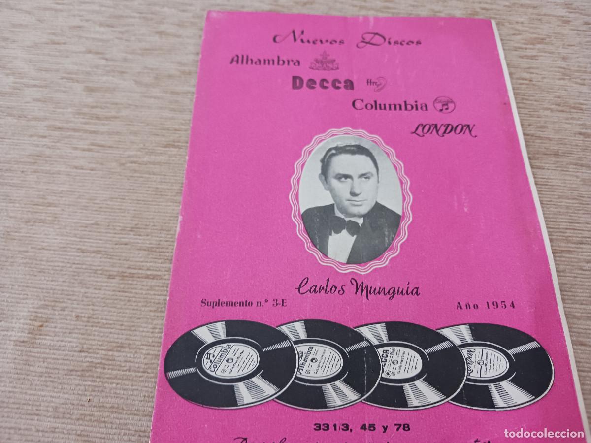 Cat&aacute;logos de m&uacute;sica: nuevos discos, agosto 1954, columbia, alhambra, decca, imagen carlos munguia
