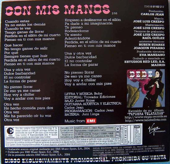 CDs de m&uacute;sica: BEBE - CON MIS MANOS - CD SINGLE- EMI 2004 - Foto 2
