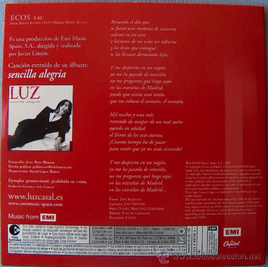 CDs de m&uacute;sica: LUZ CASAL - ECOS - CD SINGLE EMI 2005 - Foto 2