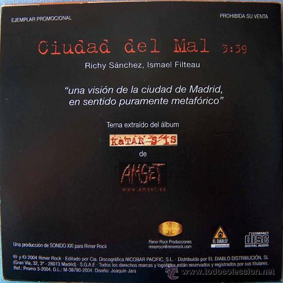 CDs de m&uacute;sica: AMSET - CIUDAD DEL MAL - CD SINGLE - 2004 PROMO - Foto 2