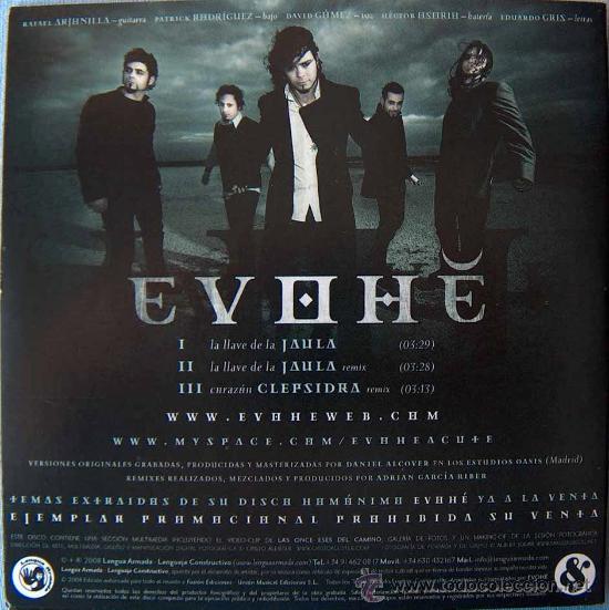 CDs de m&uacute;sica: EVOHE - LA LLAVE DE LA JAULA (2 VERSIONES) + CORAZON CLEPSIDRA -  CD SINGLE 2008 - Foto 2
