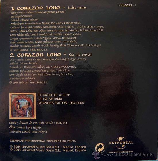 CDs de m&uacute;sica: KETAMA - CORAZON LOKO - 2 VERSIONES - UNIVERSAL 2004 - Foto 2