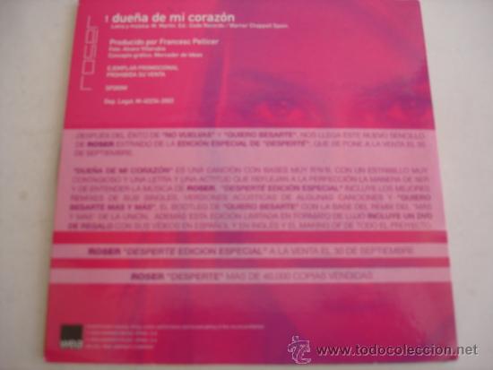 CDs de m&uacute;sica: ROSER   DUE&Ntilde;A DE MI CORAZON  PROMO CD-SINGLE - Foto 2