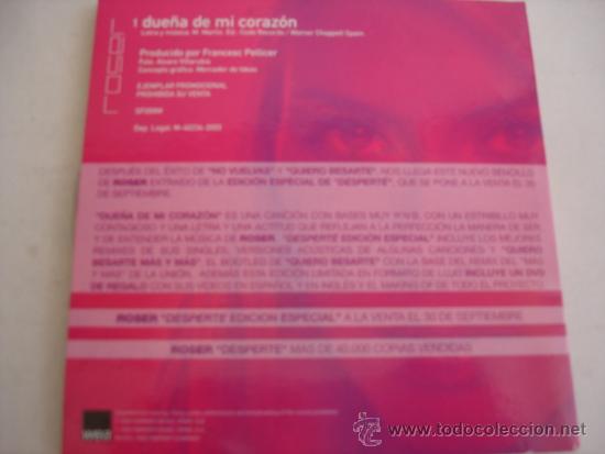CDs de m&uacute;sica: ROSER   DUE&Ntilde;A DE MI CORAZON  PROMO CD-SINGLE - Foto 2