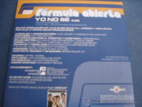 CDs de m&uacute;sica: FORMULA ABIERTA   YO NO SE  PROMO CD-SINGLE - Foto 2