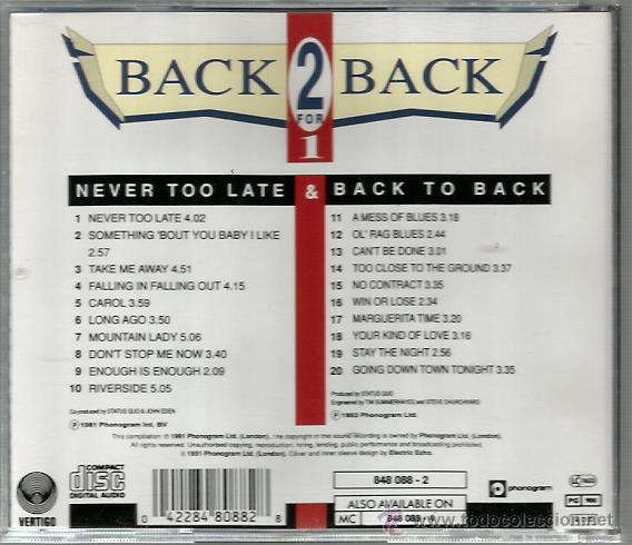 CDs de m&uacute;sica: CD STATUS QUO : NEVER TOO LATE & BACK TO BACK - Foto 2