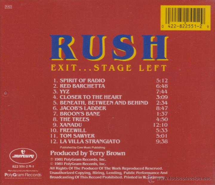 CDs de m&uacute;sica: RUSH - EXIT STAGE LEFT - compact disc.mirar portes antes de comprar - Foto 2