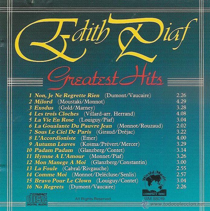 CDs de m&uacute;sica: edith piaf greatest hits cd - Foto 2