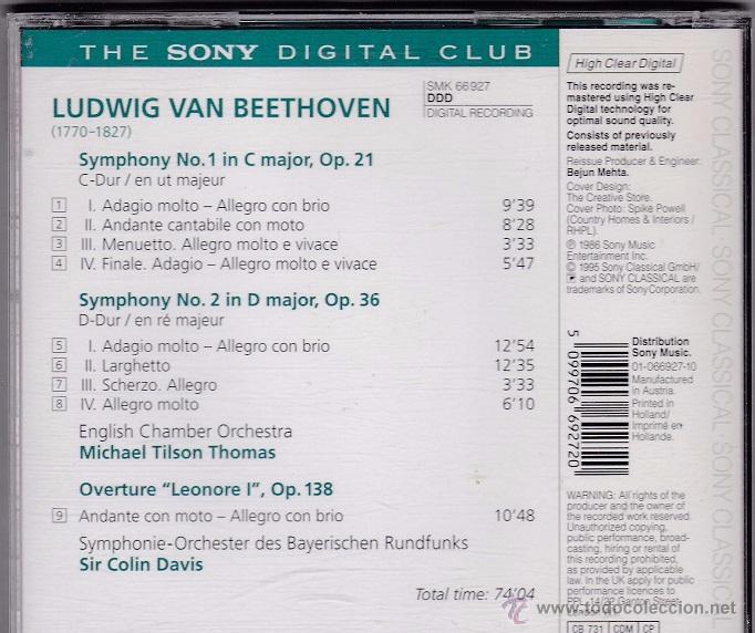 CDs de m&uacute;sica: Beethoven - Symphonies 1 & 2 - Colin Davis / Michael Tilson Thomas - Foto 2