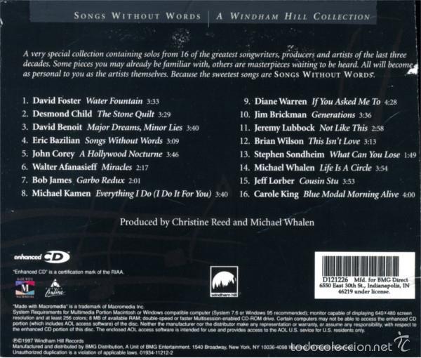CDs de m&uacute;sica: CD SONG WITHOUT WORDS - WINDHAM HILL (1997) - Foto 2
