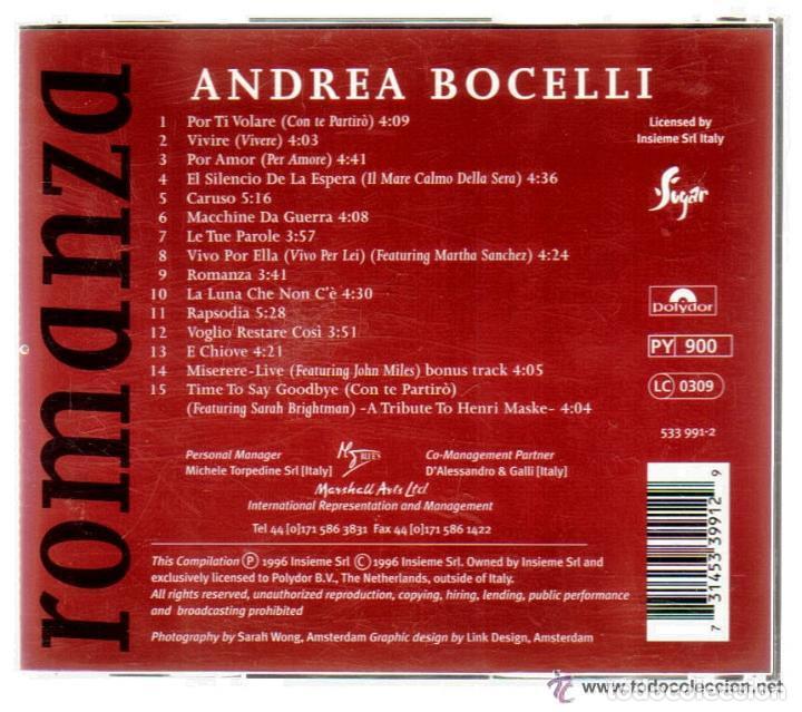 CDs de m&uacute;sica: CD - ANDREA BOCELLI - ROMANZA - 15 TEMAS - Foto 2