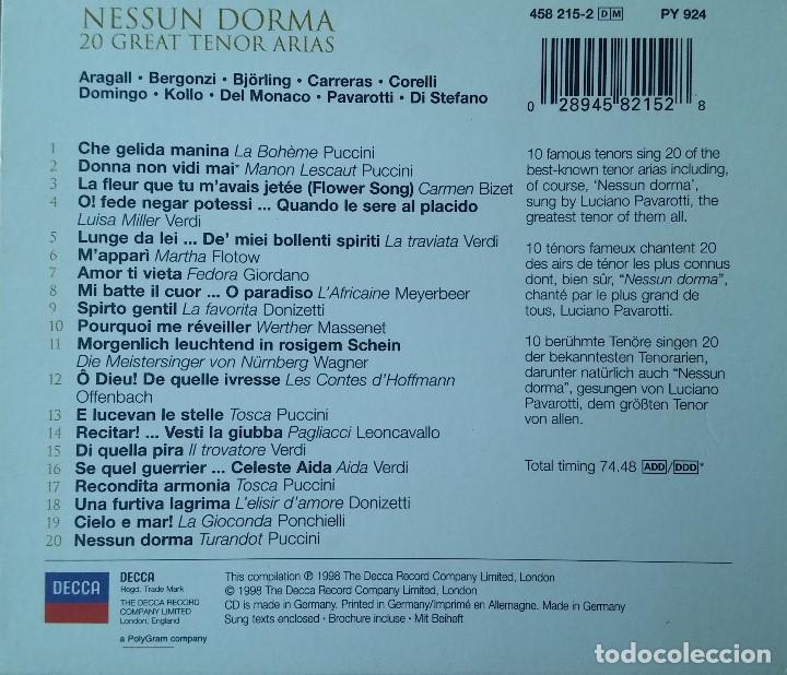 CDs de m&uacute;sica: NESSUN DORMA - 20 GREAT TENOR ARIAS - CD - Foto 2