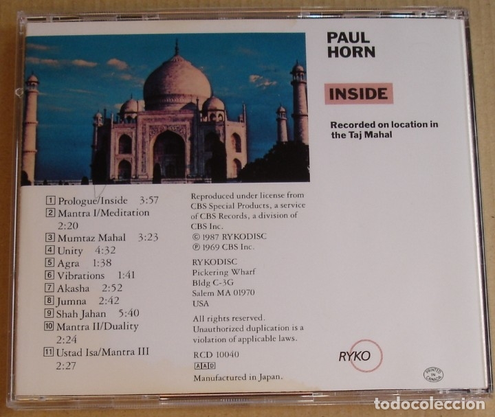 CDs de m&uacute;sica: PAUL HORN - INSIDE (CD) 1987 - 11 TEMAS - RCD 10040 - Foto 2