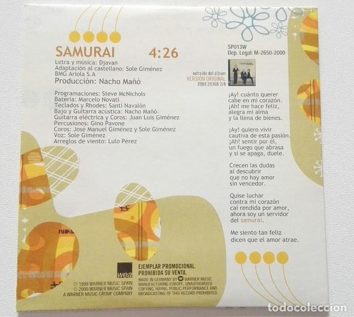 CDs de m&uacute;sica: PRESUNTOS IMPLICADOS SAMURAI CD SINGLE PROMO 1999 VERSION ORIGINAL SOLE GIMENEZ - Foto 3
